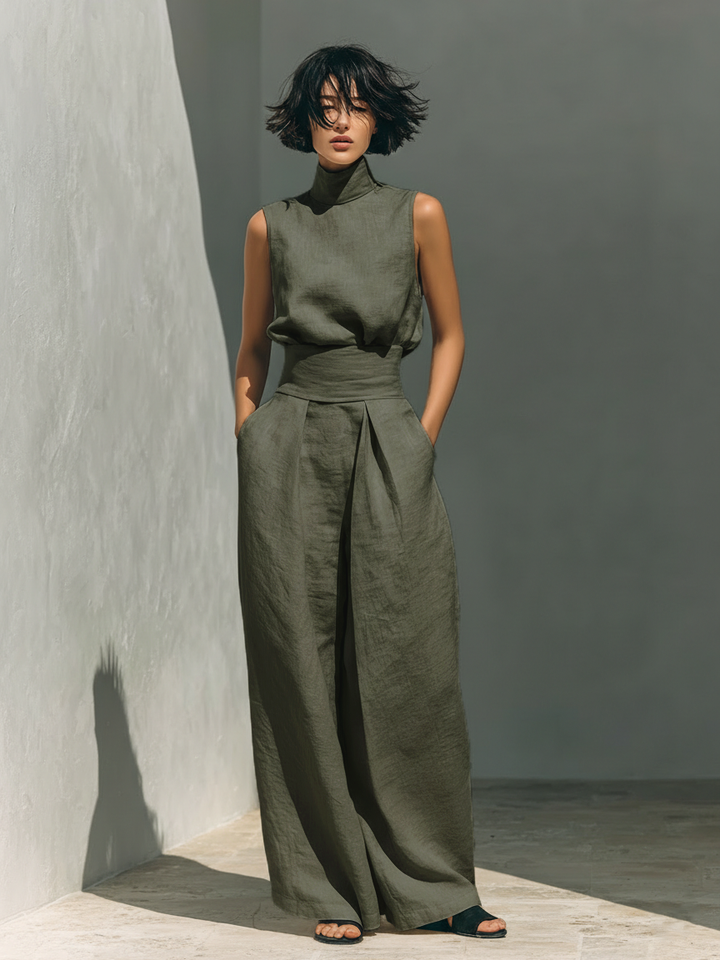 Women's Minimalist Cotton And Linen Blend Sleeveless Blouse And Wide-leg Pants Set MDZ0873A5Y