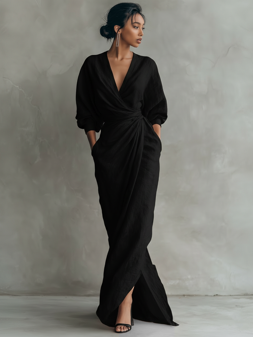 Women's  Pink Minimalist V-neck Linen Blend Maxi Dress MDA1655L0Y