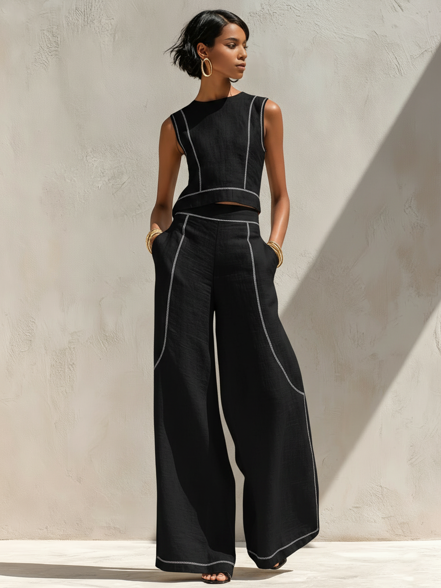 Women's Minimalist Linen-Blend Contrast-Stitched Blouse & Wide-Leg Pants Set MDZ1599E9Y