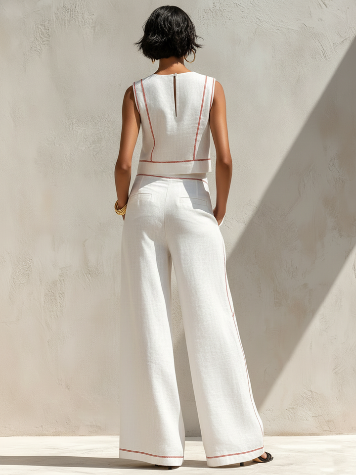 Women's Minimalist Linen-Blend Contrast-Stitched Blouse & Wide-Leg Pants Set MDZ1599E9Y