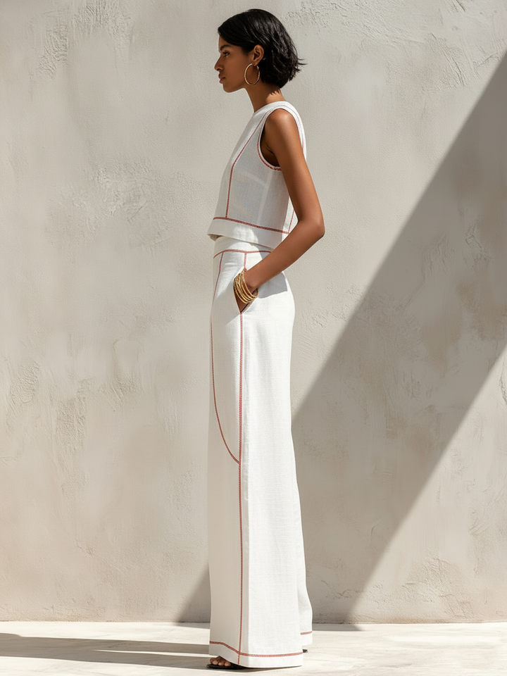 Women's Minimalist Linen-Blend Contrast-Stitched Blouse & Wide-Leg Pants Set MDZ1599E9Y