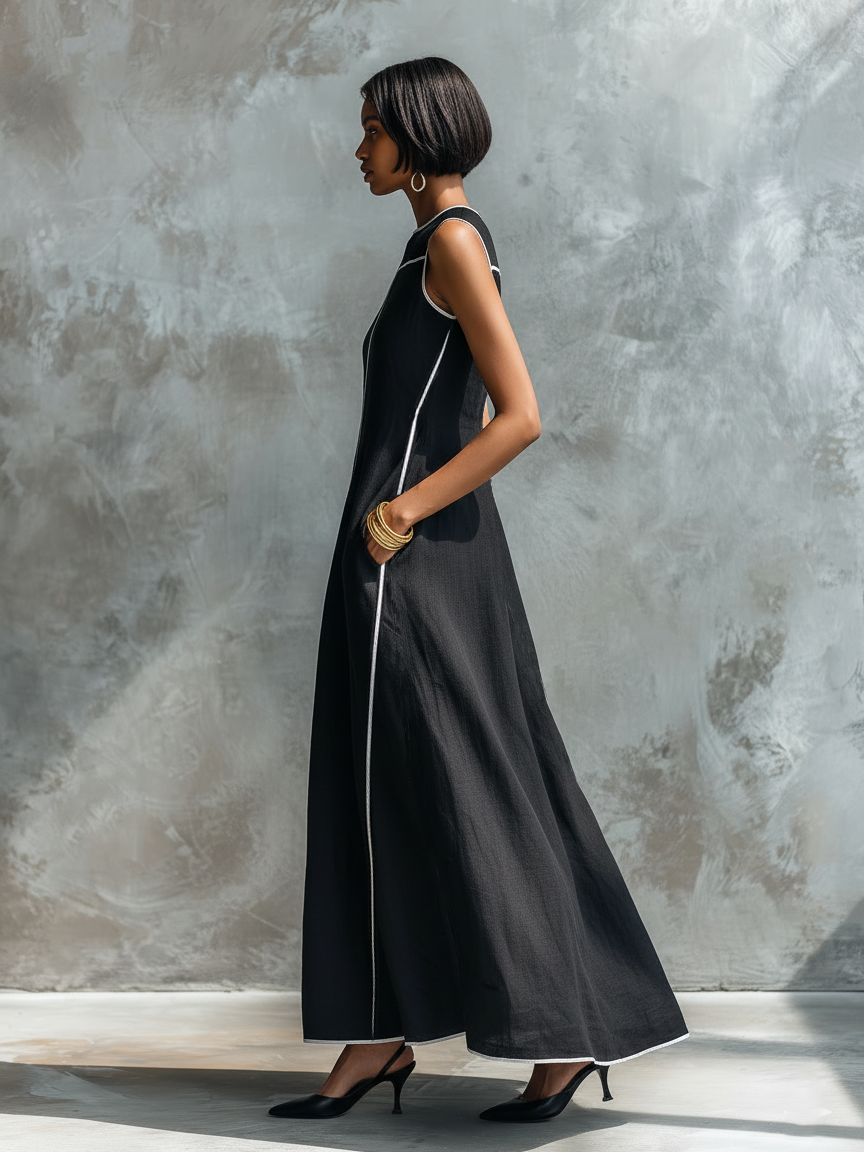 Women's Minimalist Linen-Blend Maxi Dress With Contrast Trim, Round Neck, And Sleeveless Design MDZ1516E0Y
