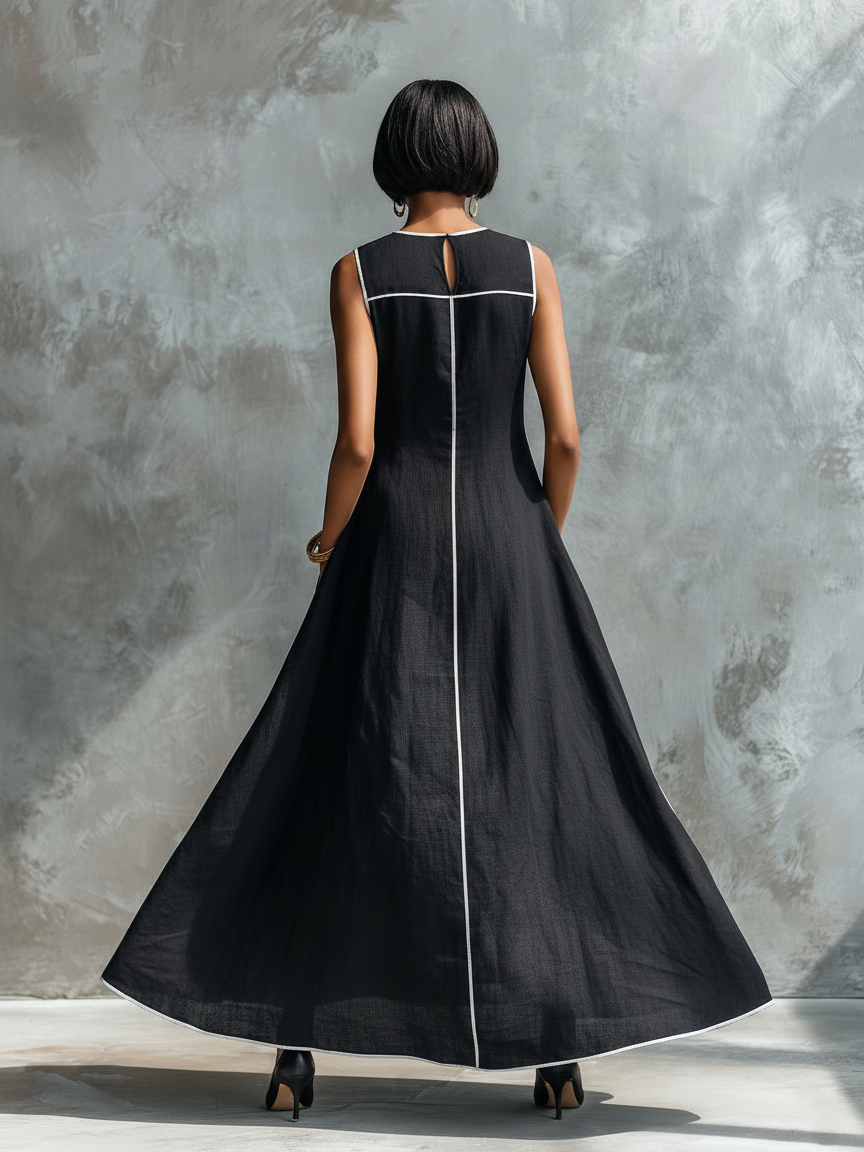 Women's Minimalist Linen-Blend Maxi Dress With Contrast Trim, Round Neck, And Sleeveless Design MDZ1516E0Y
