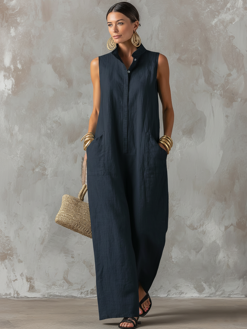 Women's Minimalist Loose-Fit Linen-Blend Jumpsuit — Stand Collar, Sleeveless, Single-Breasted MDZ2928D6Y