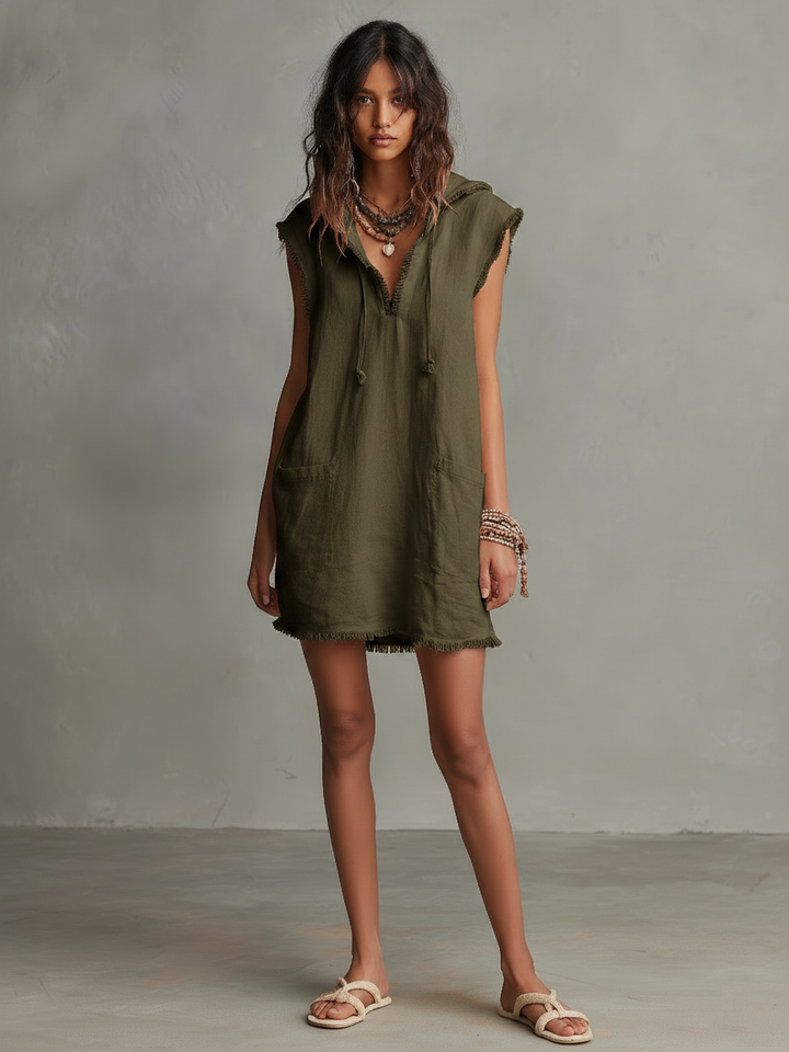 Women's Minimalist Linen-Blend Mini Dress — Hooded, Sleeveless, Raw Hem MDZ2961D3Y