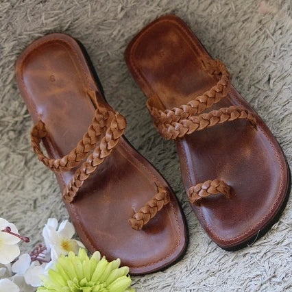 Braided Leather Slides - Cognac Brown