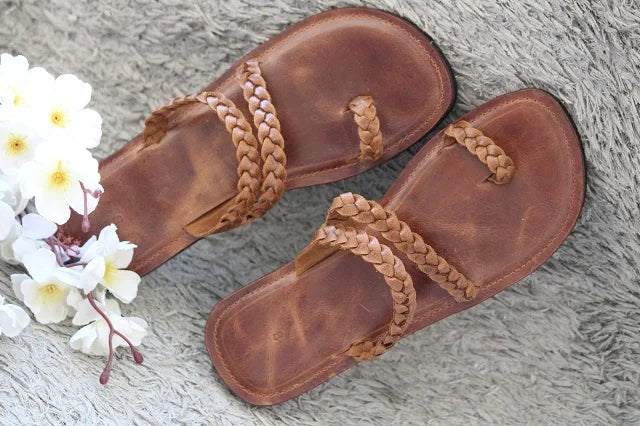 Braided Leather Slides - Cognac Brown