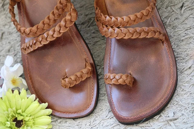 Braided Leather Slides - Cognac Brown