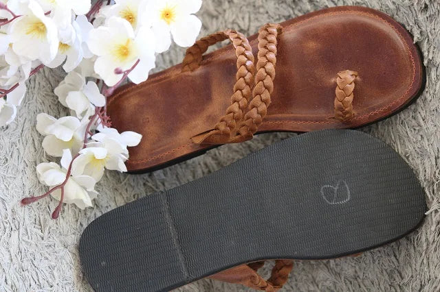Braided Leather Slides - Cognac Brown