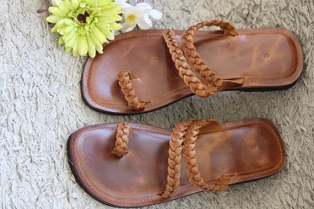 Braided Leather Slides - Cognac Brown