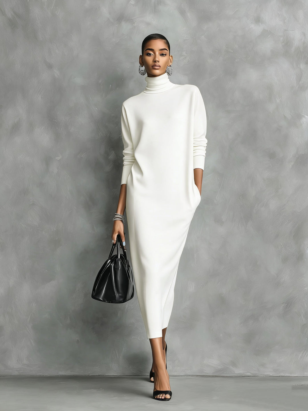 Women's Elegant Black Knitted Turtleneck Long-sleeved Loose-fitting  Midi Dress With No Pockets MDA1974L7AN