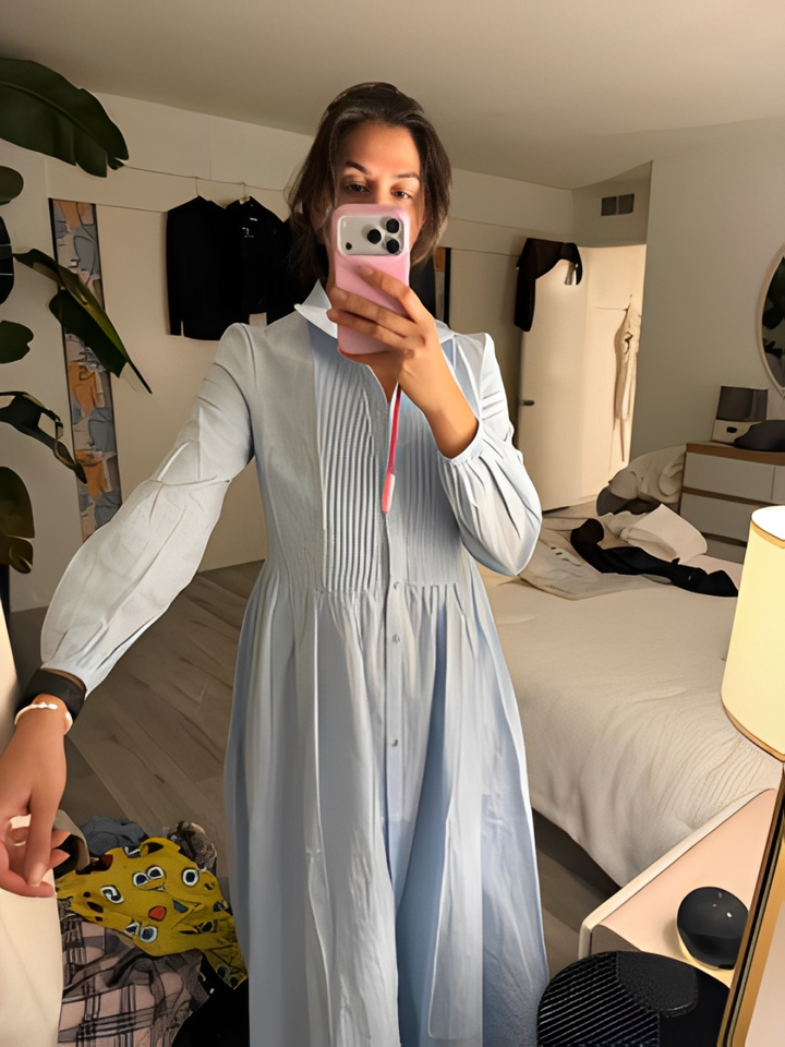Women's Minimalist Cotton And Linen Patchwork Single-breasted Stand-up Collar Long-sleeved Maxi Dress MDA0658K6Y