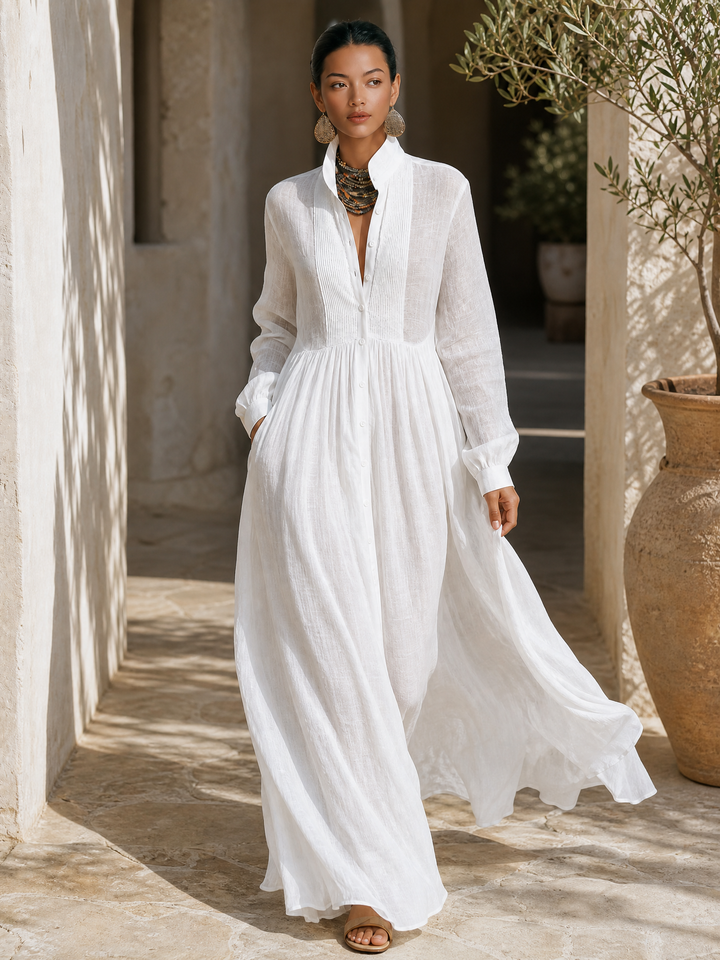 Women's Minimalist Cotton And Linen Patchwork Single-breasted Stand-up Collar Long-sleeved Maxi Dress MDA0658K6Y