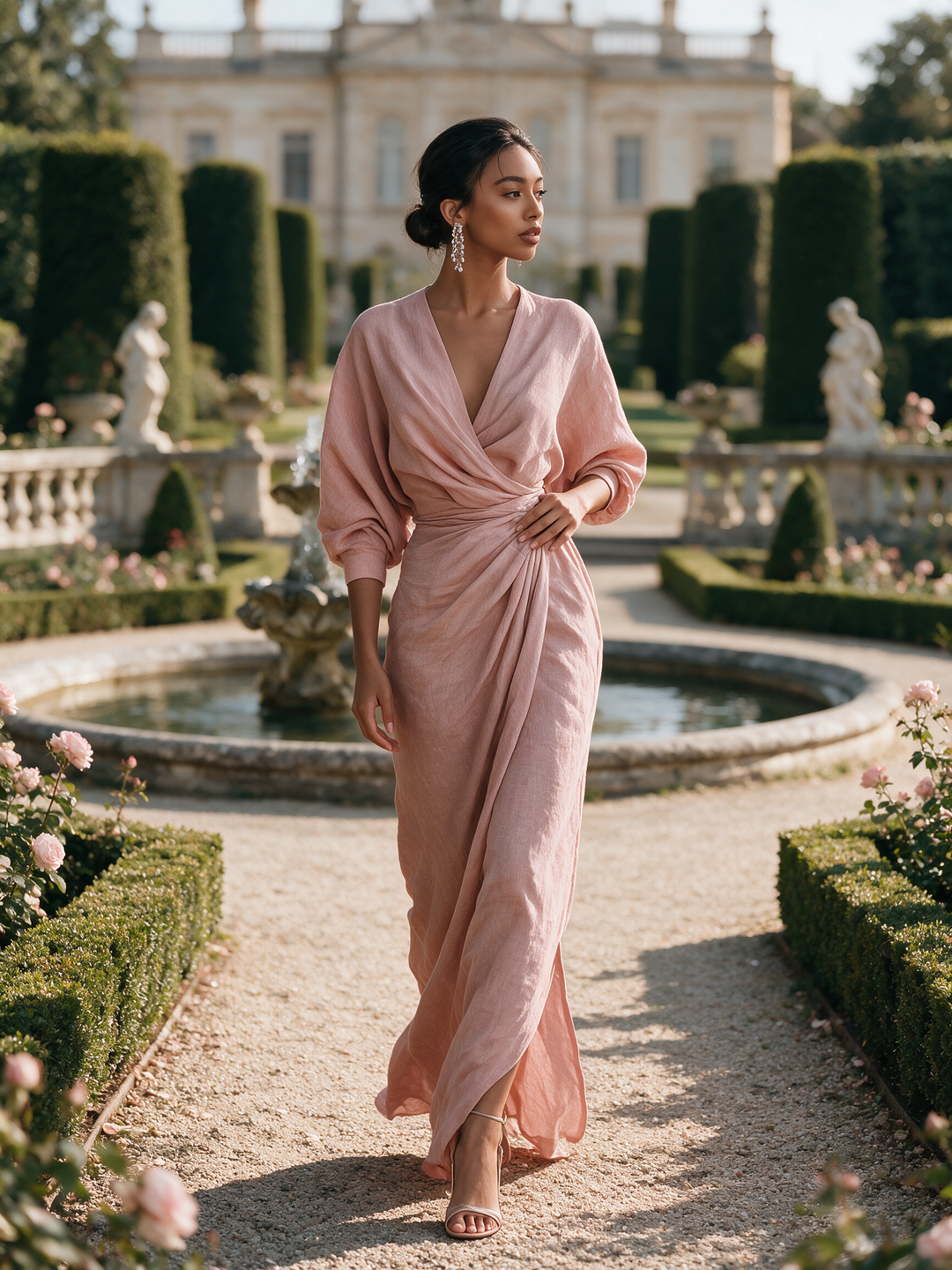 Women's  Pink Minimalist V-neck Linen Blend Maxi Dress MDA1655L0Y