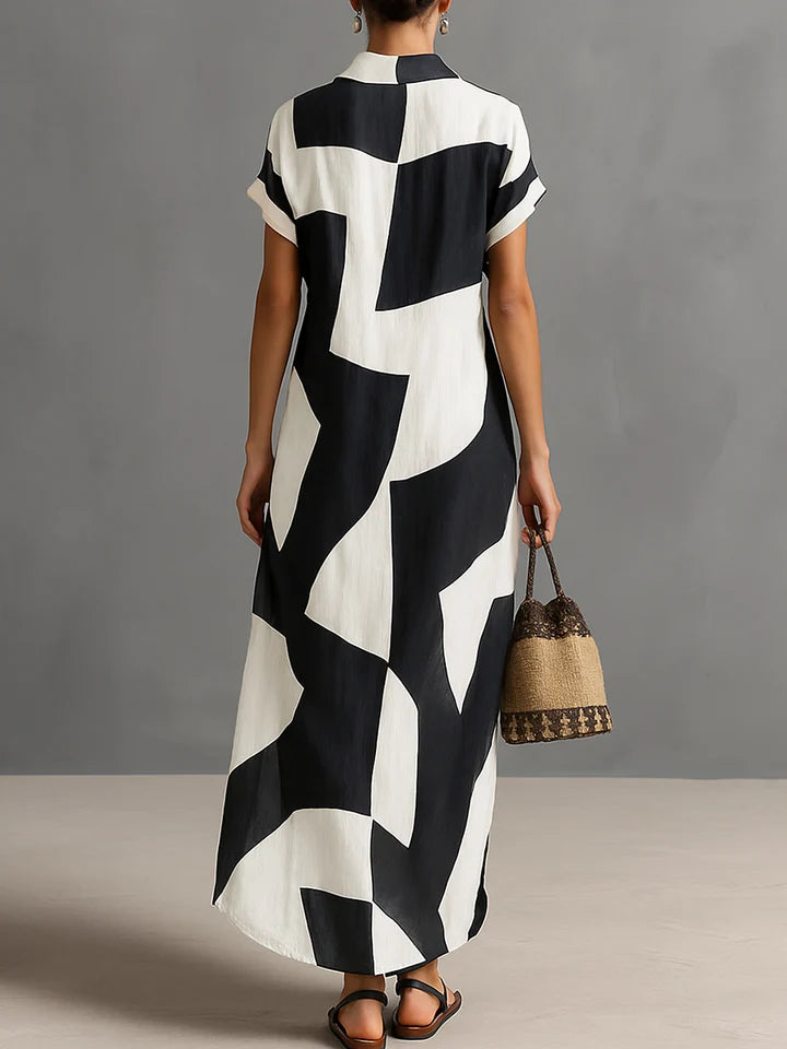 Women's Cotton Linen Geometric Print Lapel Maxi Shirt Dress
