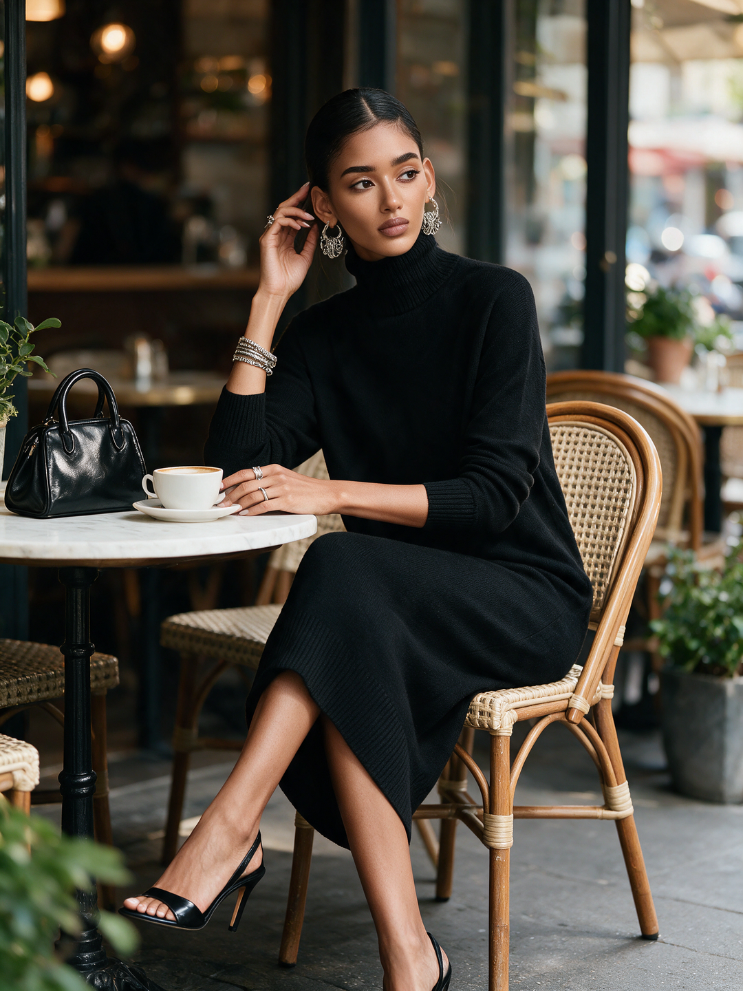 Women's Elegant Black Knitted Turtleneck Long-sleeved Loose-fitting  Midi Dress With No Pockets MDA1974L7AN