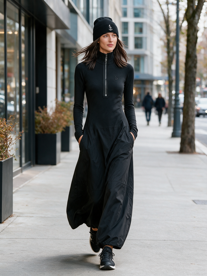 Women's Sports Cotton Blend Half-high Collar Zipper Loose Maxi Dress MDA3197G9Y