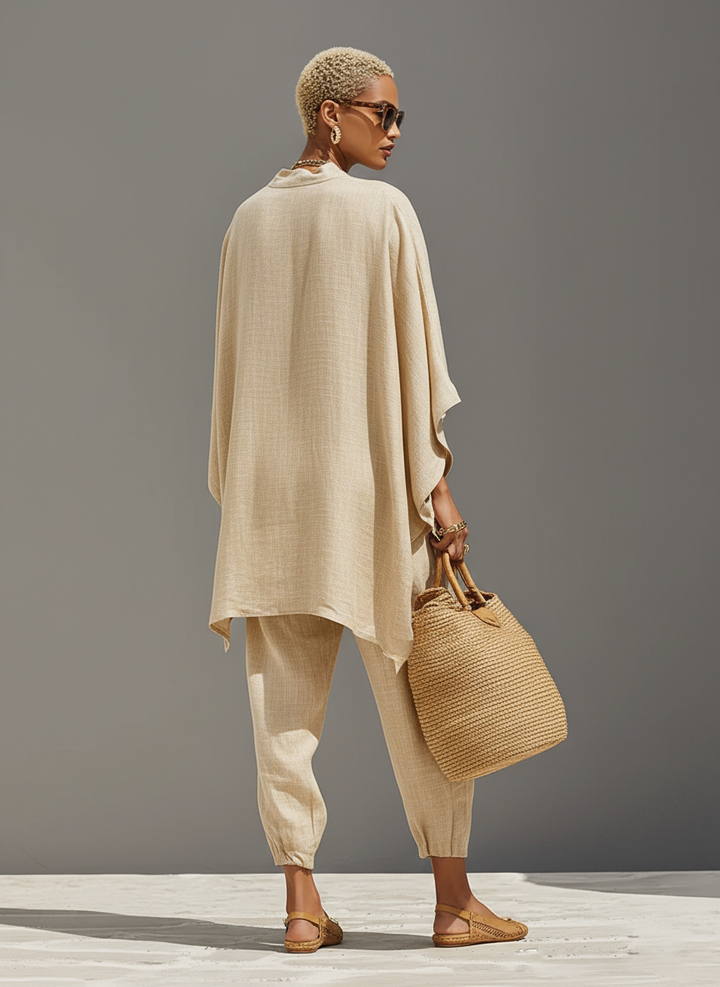 Women's Neutral Linen Set With Asymmetric Hem & Minimalist Design, Sophisticated Daily-Casual Style Set MDZ0501B3I