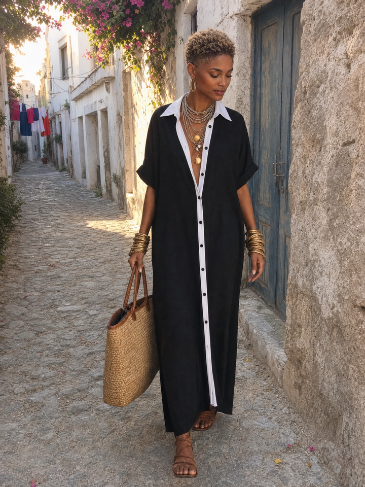 Women's Minimalist Linen Blend Short-sleeved Shirt Maxi Dress MDZ0647A2Y
