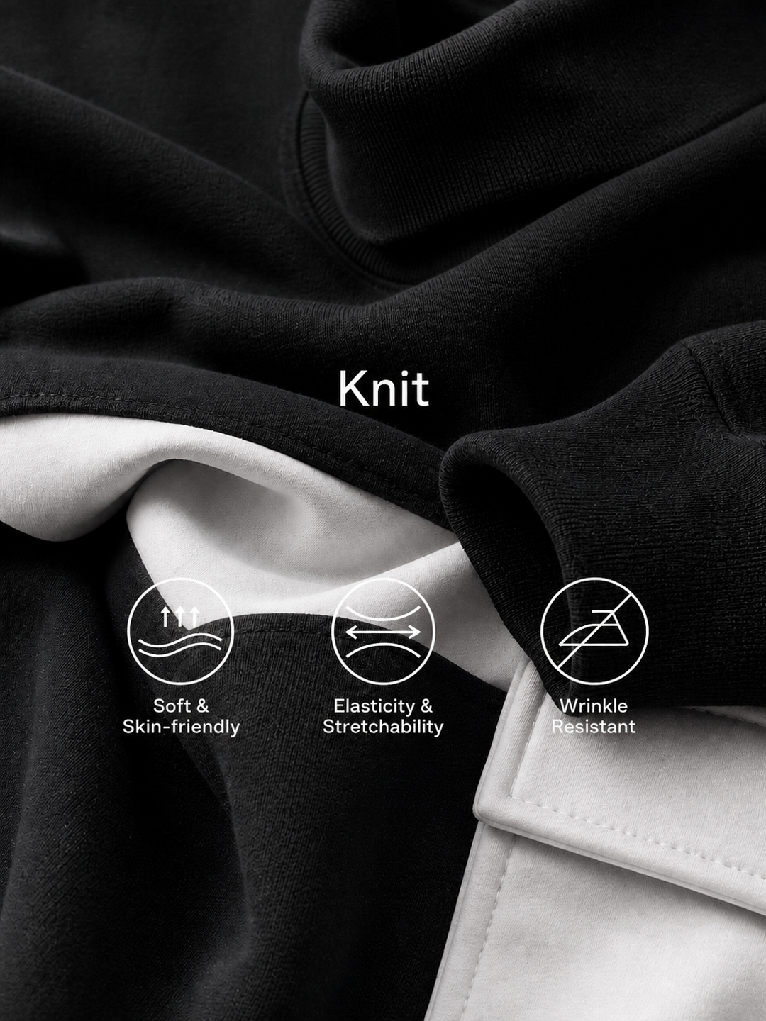 Women’s Black Cotton Knit Oversized High Neck 3/4 Sleeve Sweatshirt & Elastic Cuff Color Block White Patch Pocket Jogger Cargo Pants Two Piece Tracksuit Set MDZ0696G6YZJ