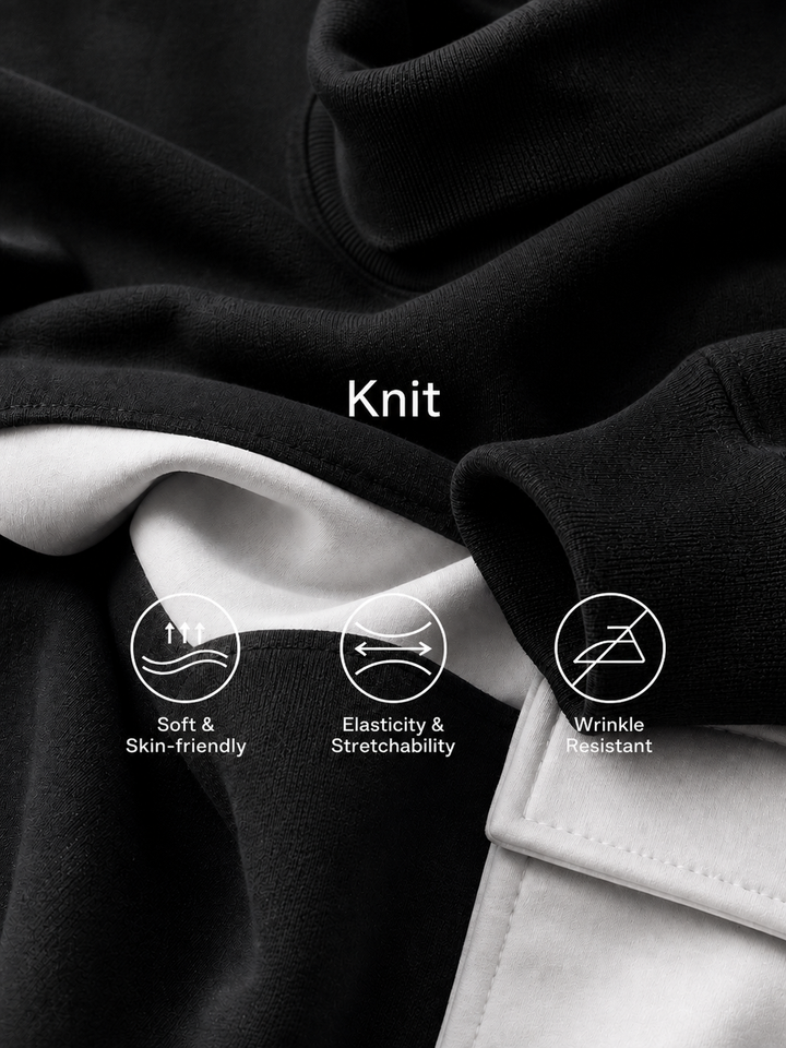 Women’s Black Cotton Knit Oversized High Neck 3/4 Sleeve Sweatshirt & Elastic Cuff Color Block White Patch Pocket Jogger Cargo Pants Two Piece Tracksuit Set MDZ0696G6YZJ
