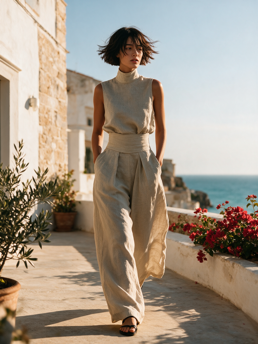 Women's Minimalist Cotton And Linen Blend Sleeveless Blouse And Wide-leg Pants Set MDZ0873A5Y