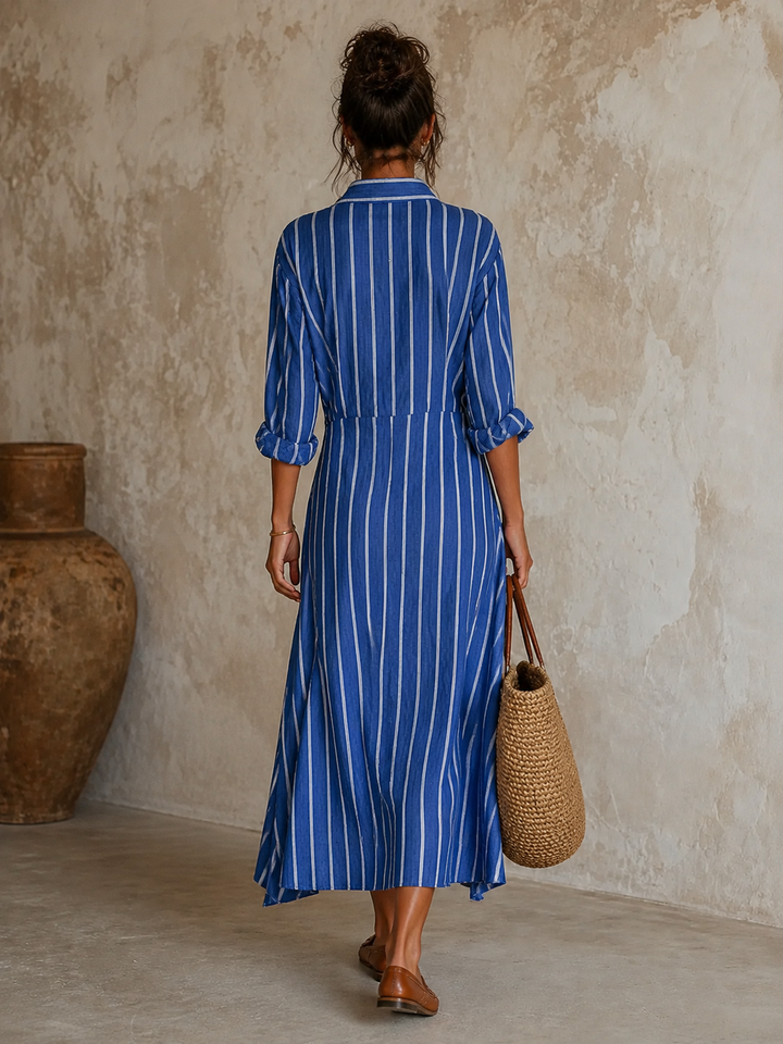 Women's Minimalist Striped Single-Breasted Long-Sleeve Midi Dress With Asymmetric Hem MDZ0877G0WY