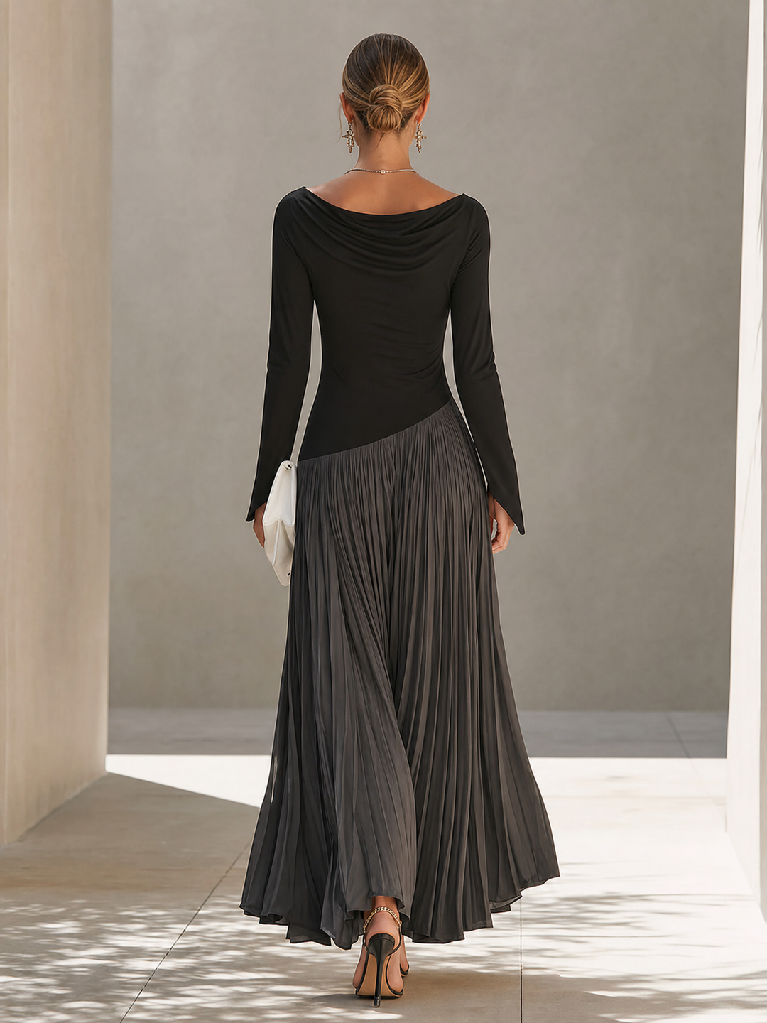 Women's Minimalist Two-Tone Color-Block Maxi Dress With Drape Neckline
