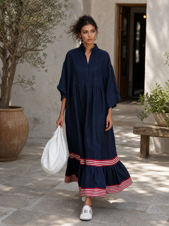 Women's Minimalist Linen-Blend Long-Sleeve Maxi Dress With Striped Hem Panel MDZ0967G8WY