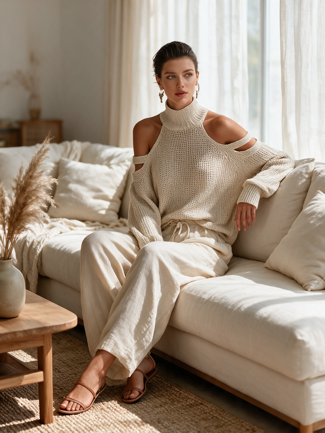 Women's Beige Knit Fabric Cold-Shoulder Turtleneck Top & Wide-Leg Pants Set MDZ0984A5T