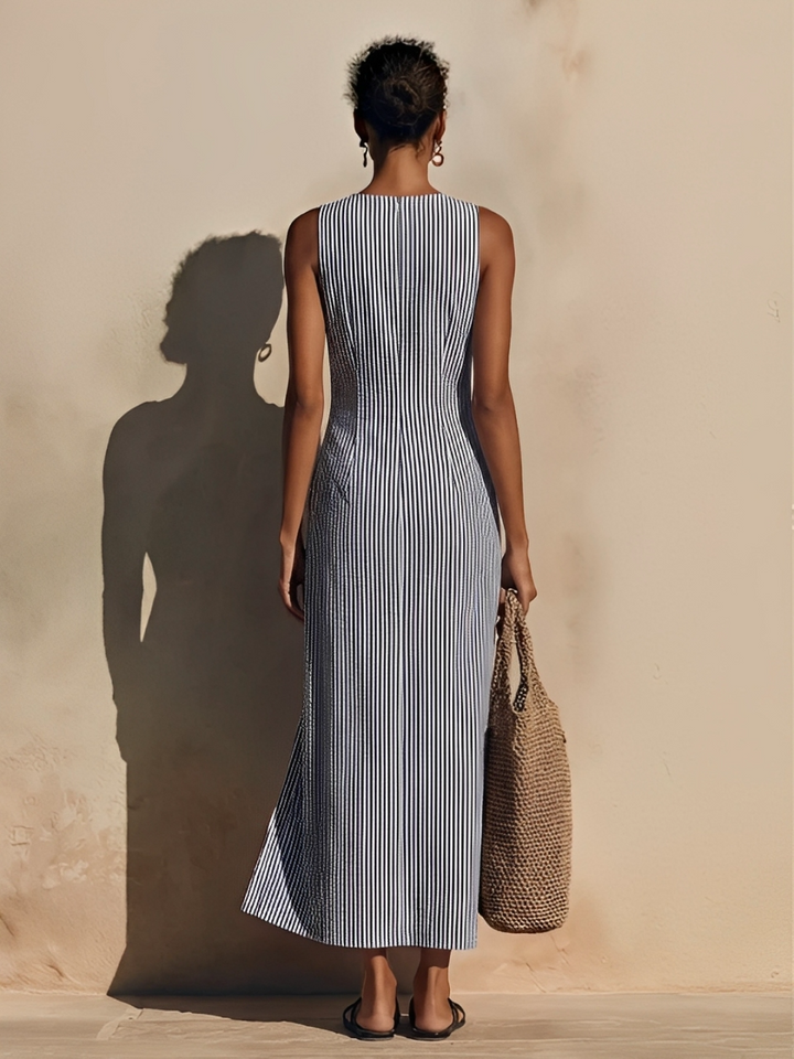 Women's Blue-White Striped Cotton-Blend Maxi Dress With Blazer Style & Double-Breasted, Timeless Nautical Casual Dress MDZ1388E5LYL