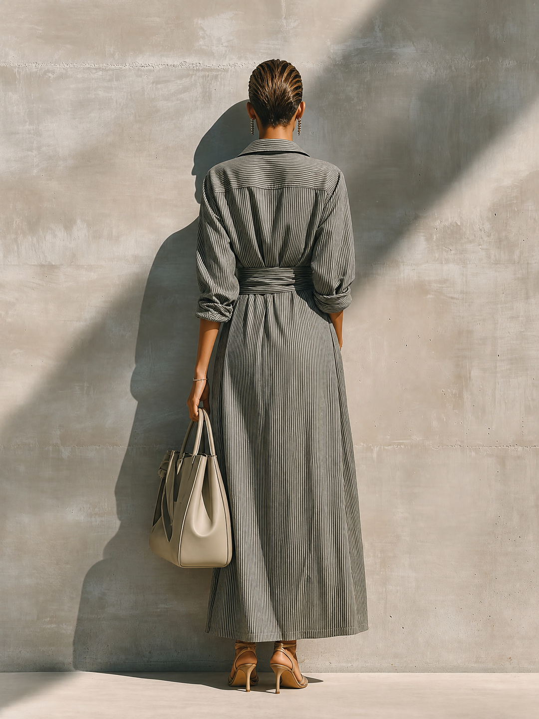 Women's Grey White Vertical Stripe Cotton Blend Collared Wrap Tie Waist Side Pocket Maxi Shirt Dress MDZ1451G8YZJ