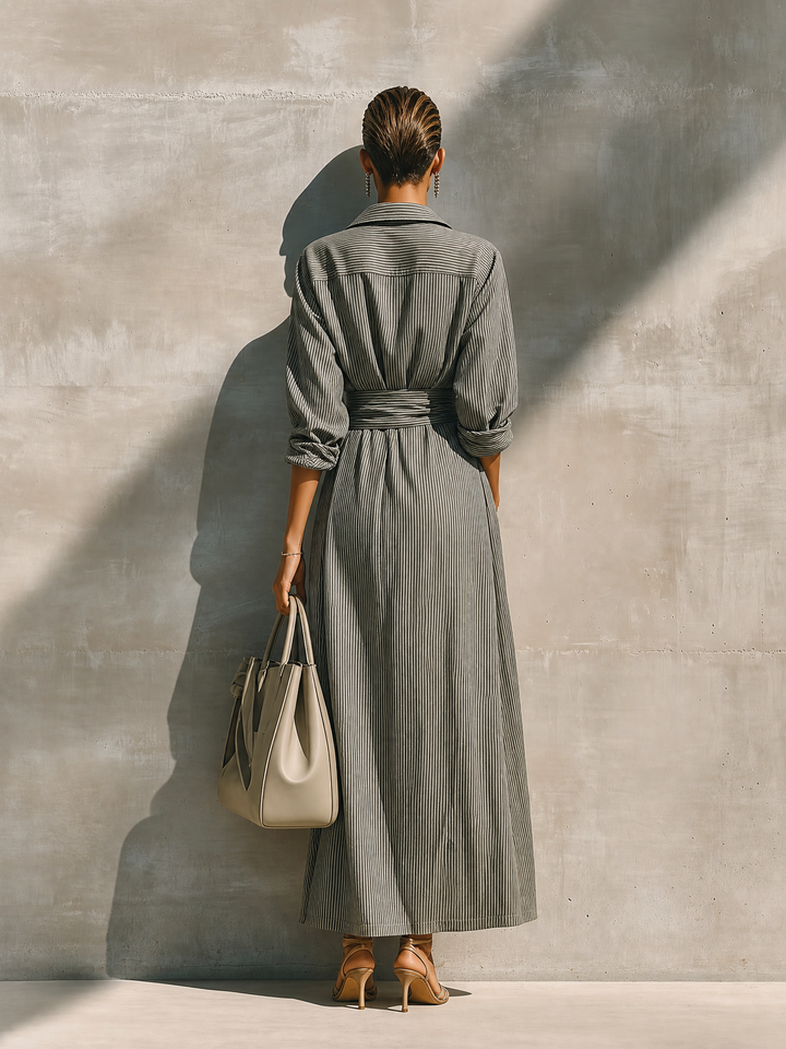 Women's Grey White Vertical Stripe Cotton Blend Collared Wrap Tie Waist Side Pocket Maxi Shirt Dress MDZ1451G8YZJ