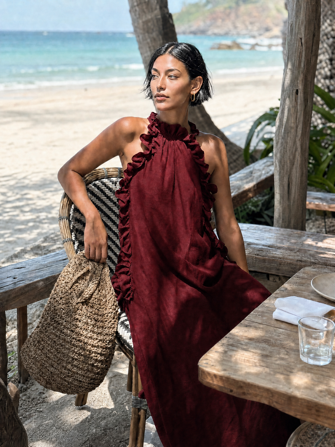 Women's Minimalist Linen-blend Sleeveless Maxi Dress With Ruffle Details MDZ1622A0Y