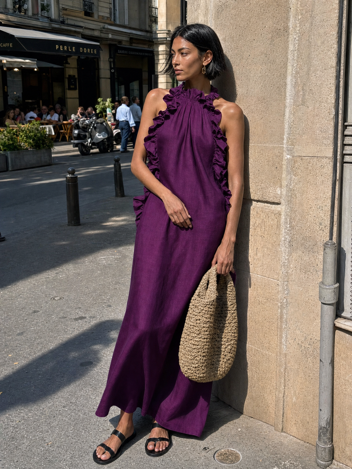 Women's Minimalist Linen-blend Sleeveless Maxi Dress With Ruffle Details MDZ1622A0Y