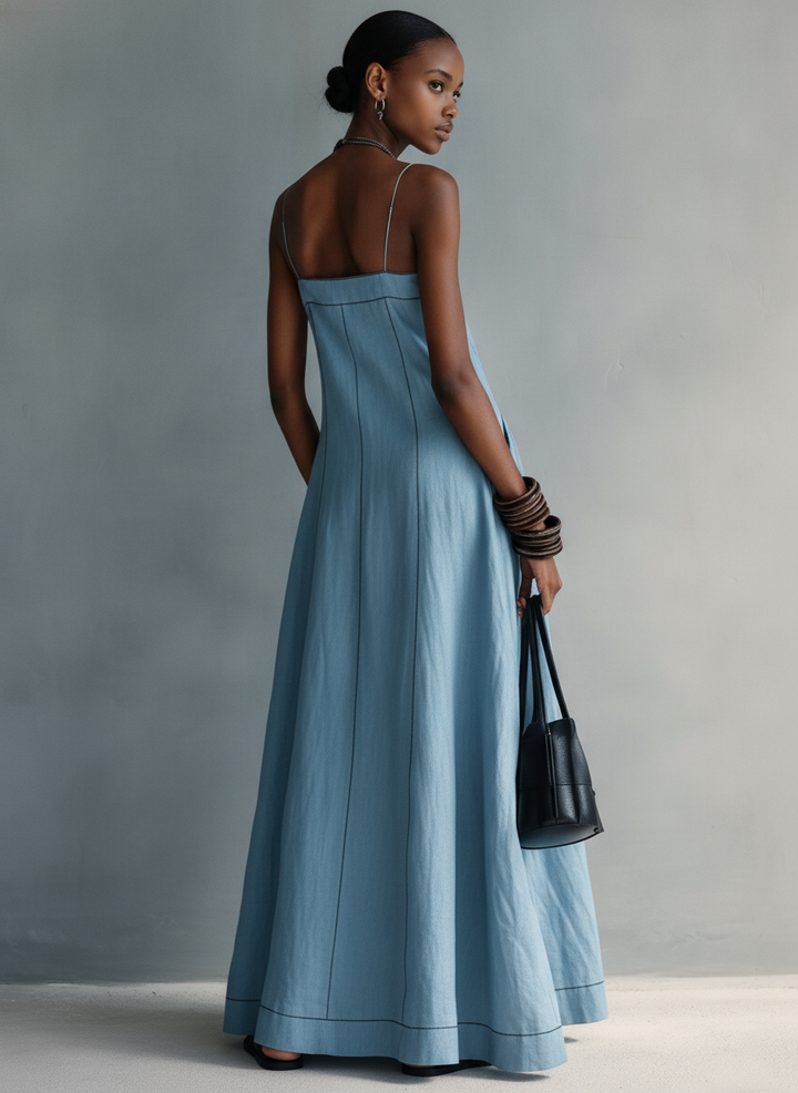 Women's Casual Blue Cotton-linen Sleeveless Camisole Maxi Dress MDZ1660F0LXY