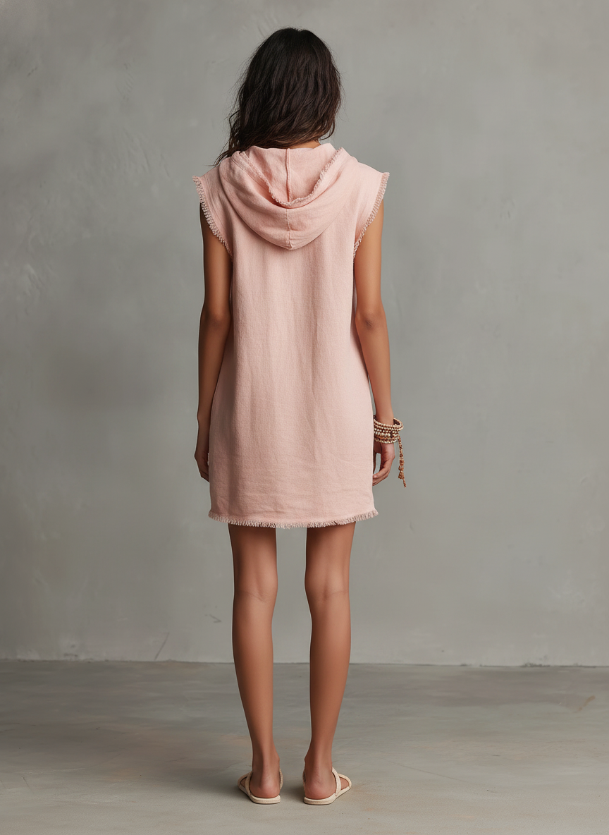 Women's Minimalist Linen-Blend Mini Dress — Hooded, Sleeveless, Raw Hem MDZ2961D3Y