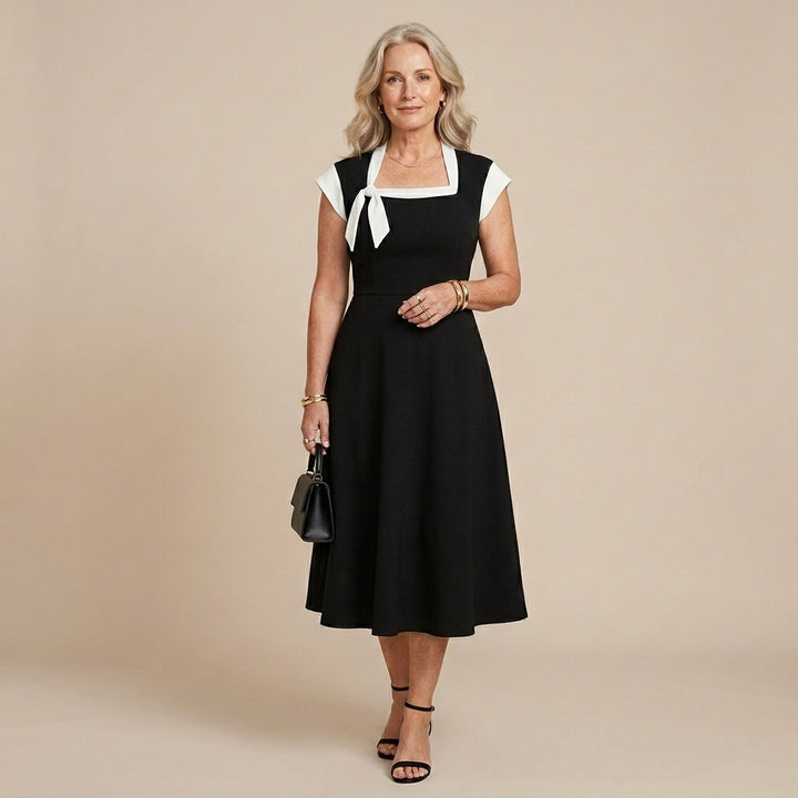 Women's Colourblock Square Neck Cap Shoulder Sleeve Waist Midi Dress