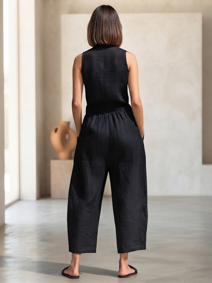 Women's Casual Cotton-Poly Blend Button-Front Sleeveless Jumpsuit