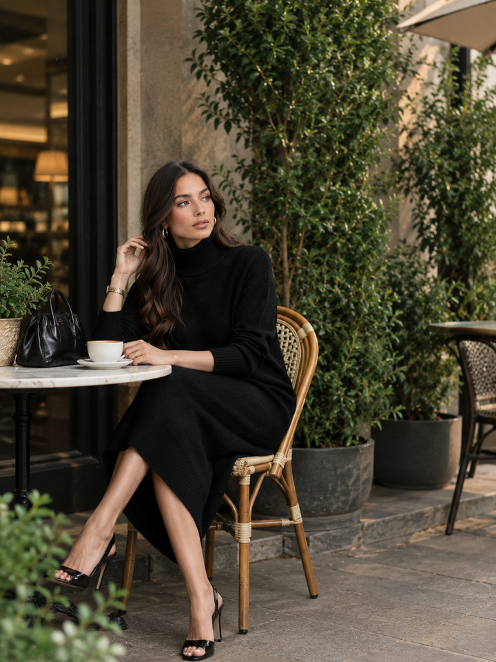 Chic Black Turtleneck Knit Midi Dress - Long Sleeve & Relaxed Fit