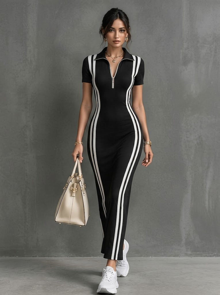 Women's Grey Zip-Polo Side-Stripe Stretchy Maxi Dress