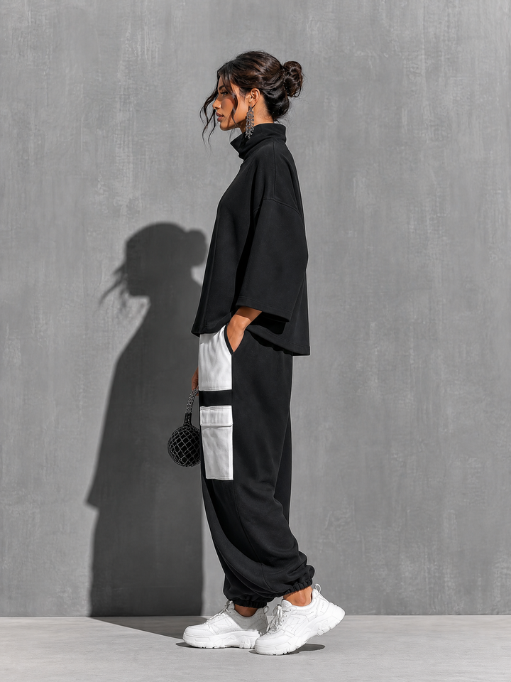 Women’s Black Cotton Knit Oversized High Neck 3/4 Sleeve Sweatshirt & Elastic Cuff Color Block White Patch Pocket Jogger Cargo Pants Two Piece Tracksuit Set MDZ0696G6YZJ