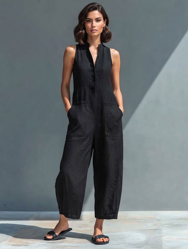Women's Casual Cotton-Poly Blend Button-Front Sleeveless Jumpsuit