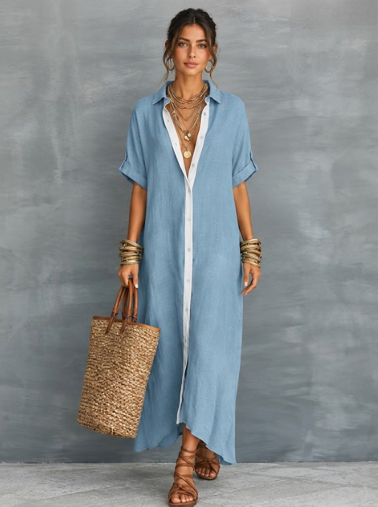 Effortless Linen-Blend Short-Sleeve Maxi Shirt Dress