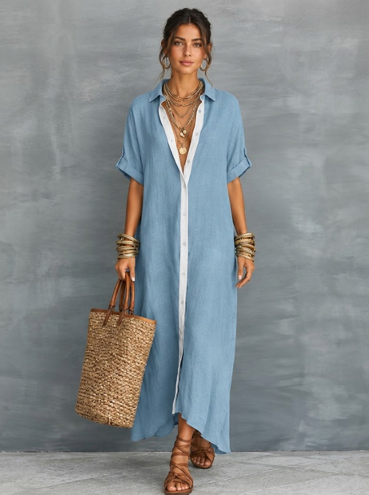 Effortless Linen-Blend Short-Sleeve Maxi Shirt Dress