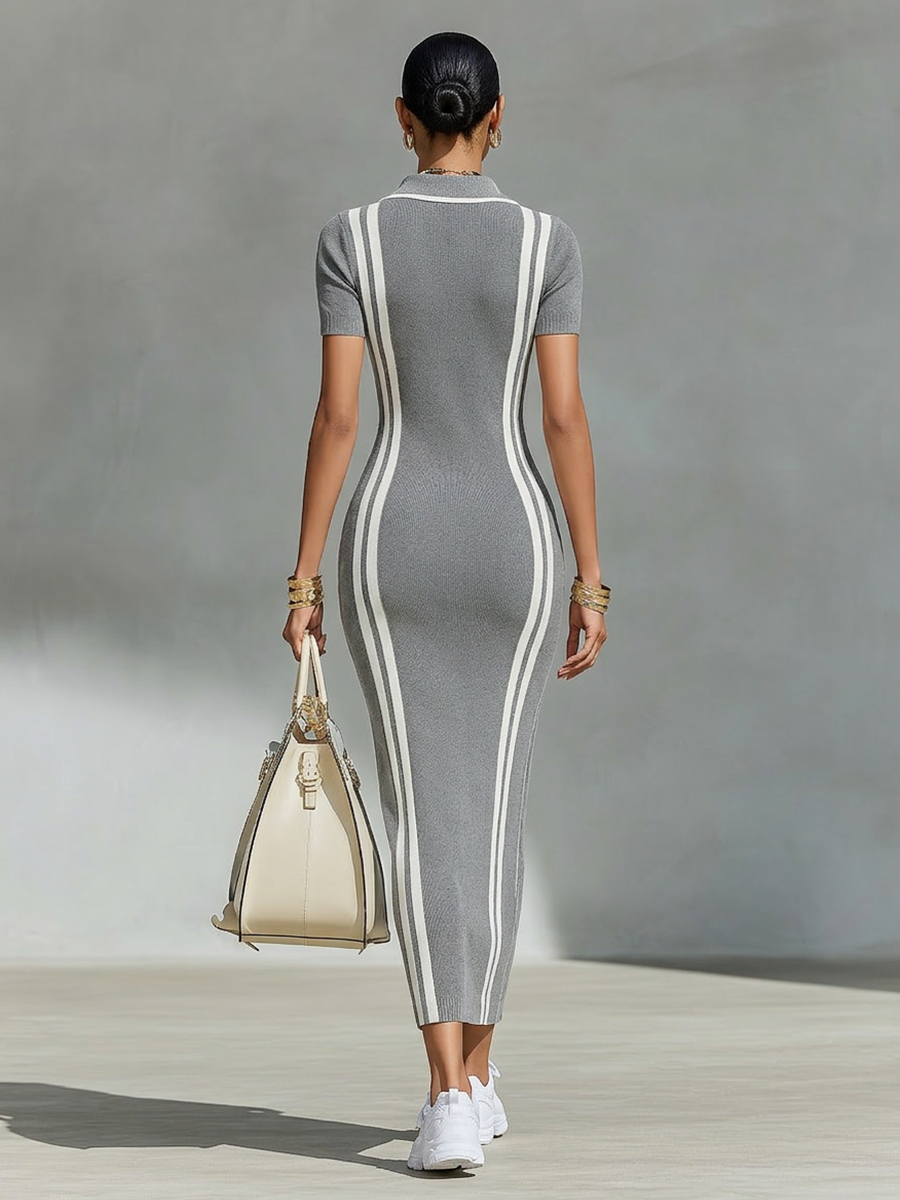 Women's Grey Stretchy Knit Zip Polo Collar & Vertical Side Stripes Maxi Dress MDZ2497F8LYL