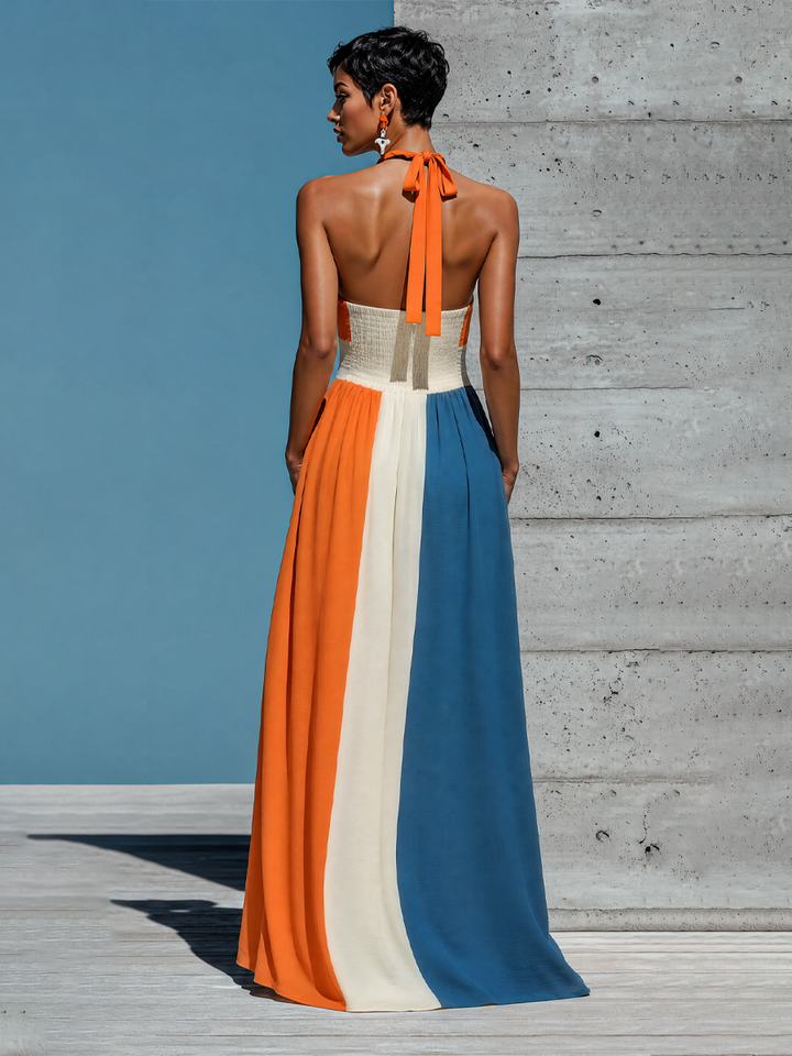 Women’s Orange White Blue Color Block Halter Keyhole Strapless Smocked Bodice Pleated Maxi Dress MDZ2980F6T