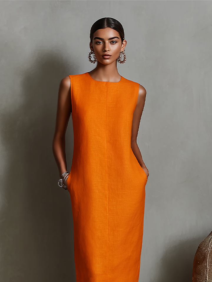 Women's Orange Linen Shift Dress With Sleeveless Round Neck & Side Pockets, Timeless Minimalist-Elegant Style Dress MDZ2851C7I