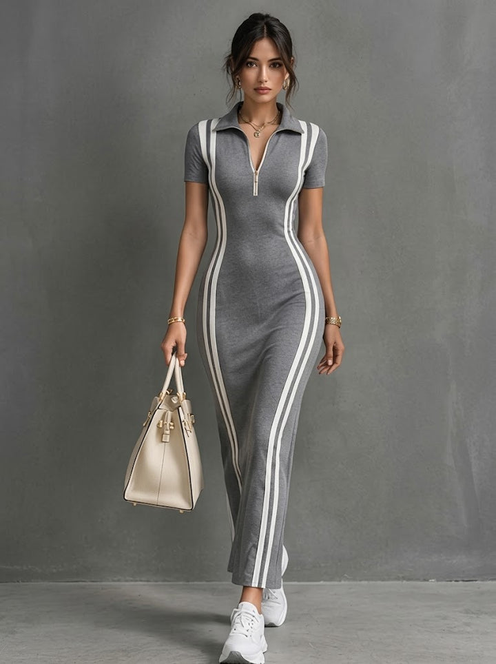 Women's Grey Zip-Polo Side-Stripe Stretchy Maxi Dress