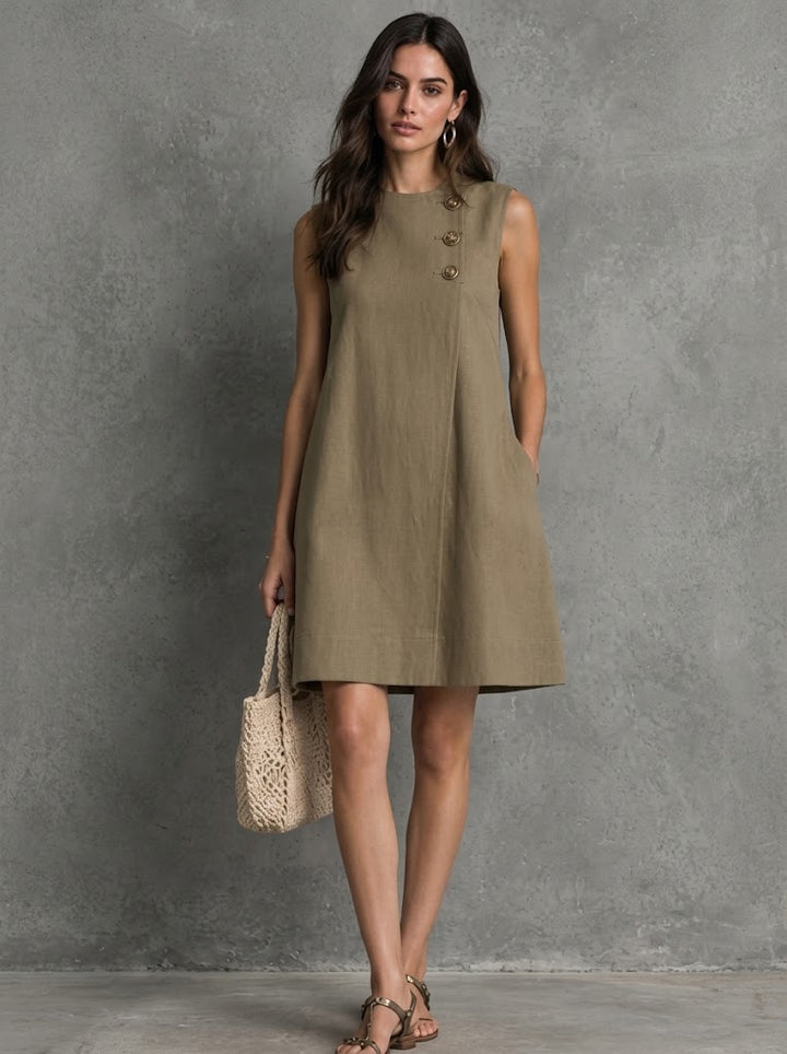 Minimalist Asymmetric Button Linen Mini Dress